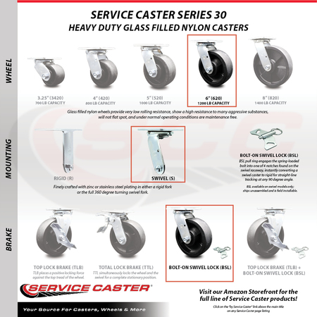 Service Caster 6 Inch Glass Filled Nylon Caster Set with Ball Bearings 2 Brakes 2 Swivel Locks SCC-TTL30S620-GFNB-2-BSL-2